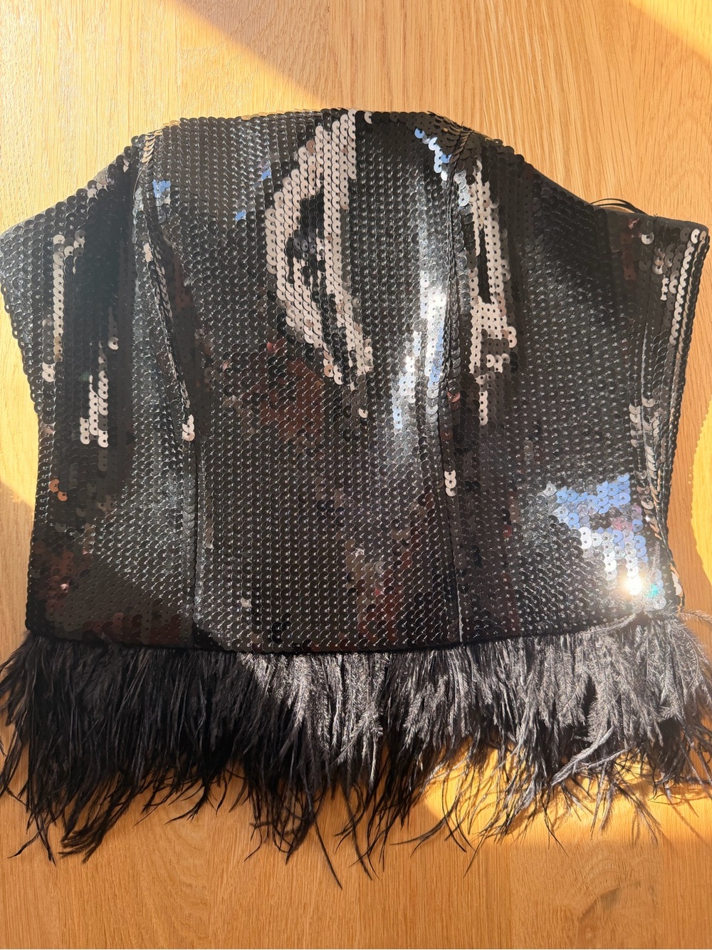 Express Black Sequin Feather Trim Strapless Bustier Top